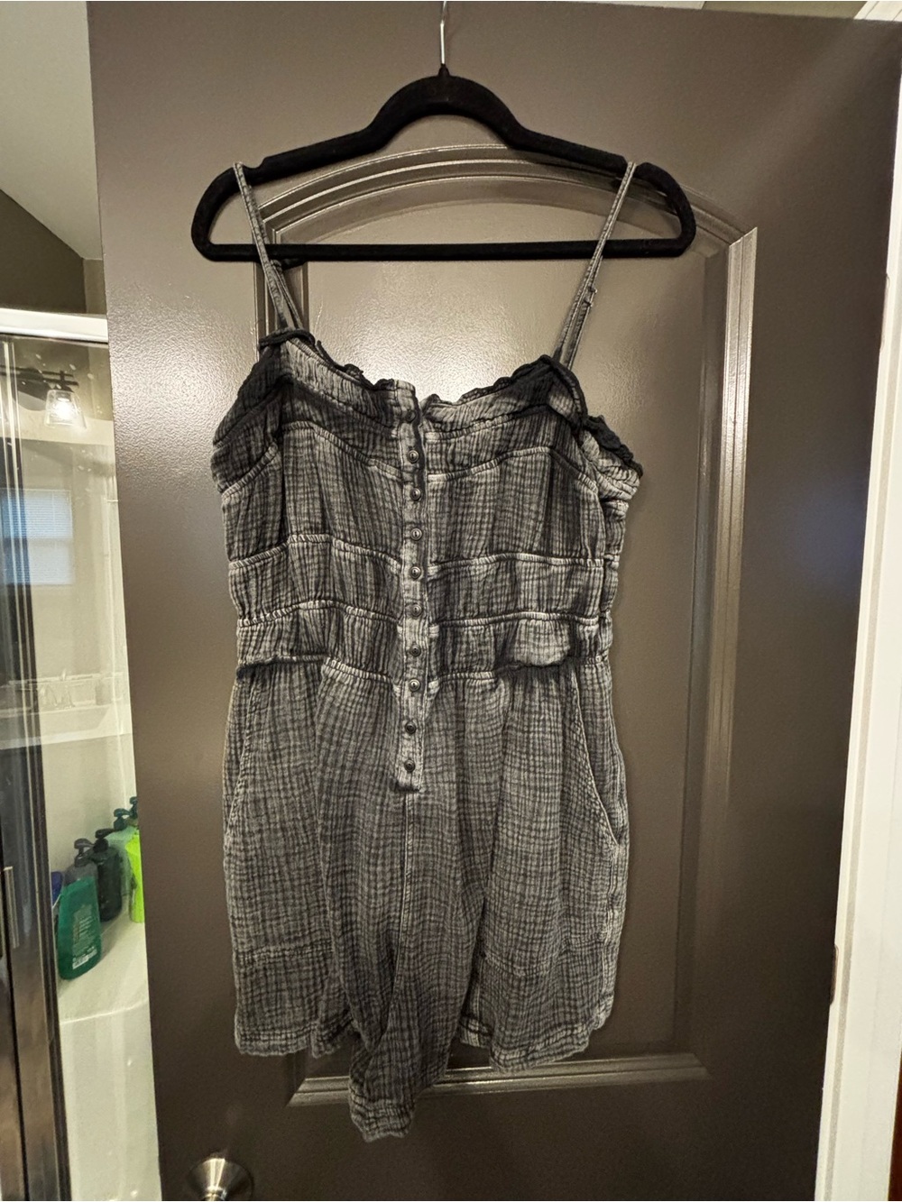 Pink Lily Black and Charcoal Ribbed Romper with Lace Trim